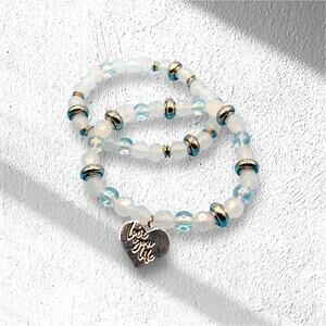 Heart Charm Beaded Bracelet Set - Clear, White and Silver
